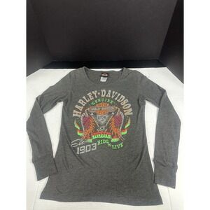 Harley Davidson Top Womens Small Tulsa  OK Route 66 Gray‎ Long Sleeve Round Neck